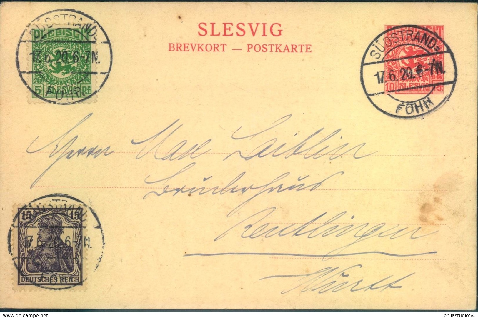 SCHLESWIG, 1920, Postkarte Mischfrankatur Mit 15 Pfg. Germania "SÜDSTRAND (FÖHR) 17.6.20 - Sonstige & Ohne Zuordnung