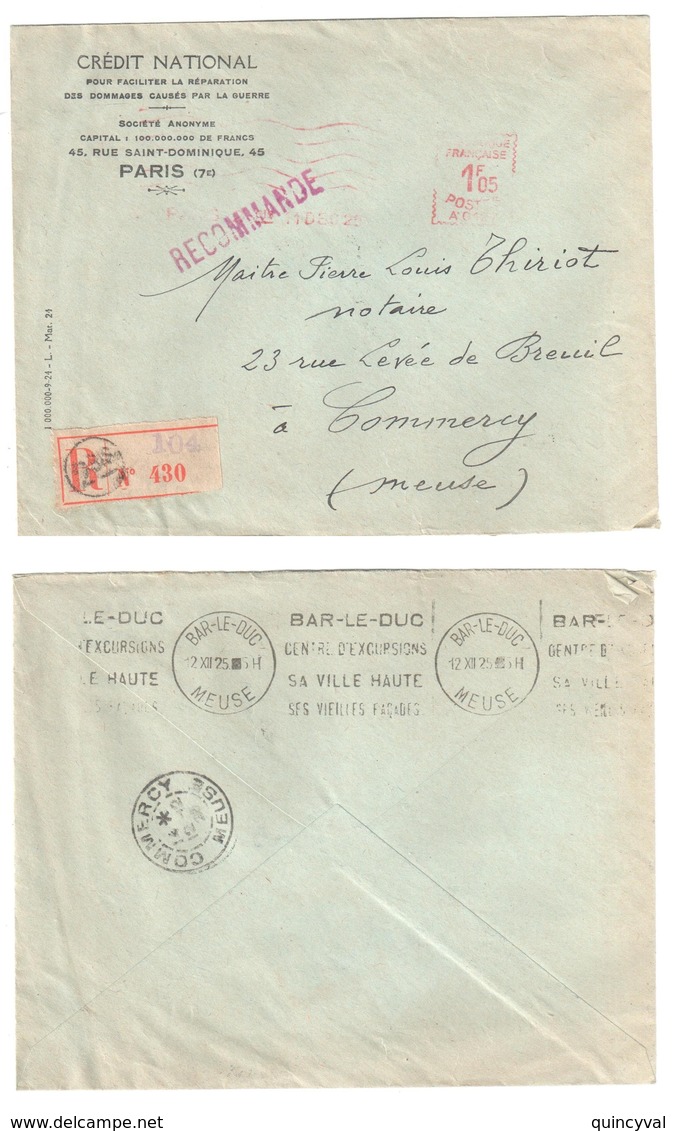 PARIS 2 Bis  Lettre RECOMMANDEE CREDIT NATIONAL Ob 11 12 1925 EMA Havas A0127 HAV25 1F05 Verso Ob Meca Bar Le Duc Meuse - Freistempel