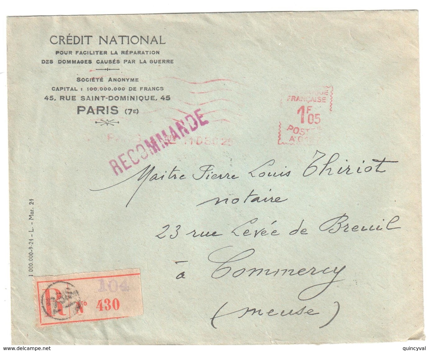 PARIS 2 Bis  Lettre RECOMMANDEE CREDIT NATIONAL Ob 11 12 1925 EMA Havas A0127 HAV25 1F05 Verso Ob Meca Bar Le Duc Meuse - Freistempel