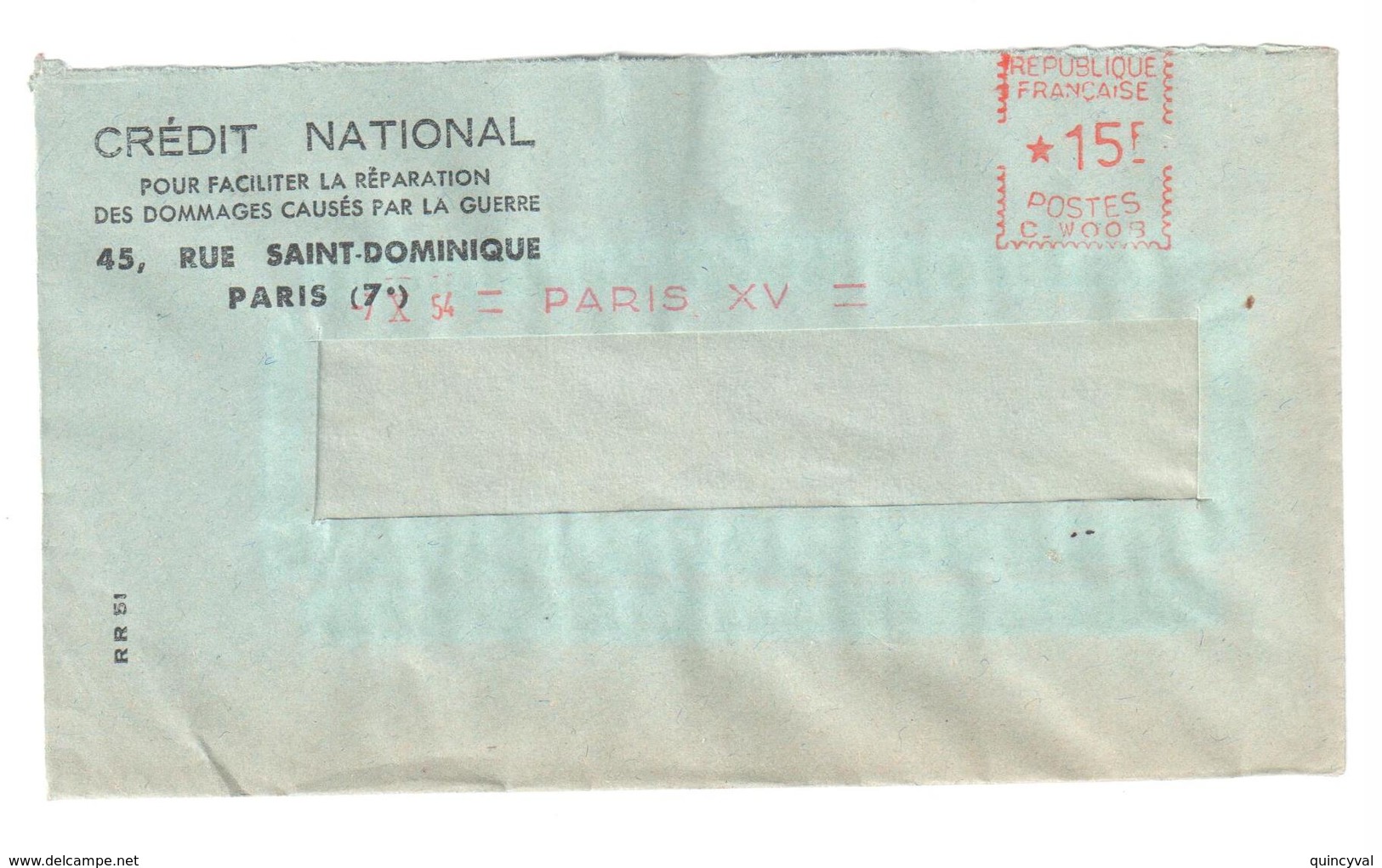 PARIS XV Lettre CREDIT NATIONAL Ob 7 10 1954 Lettre Simple EMA REMPLACEMENT C W 008 15 F - Freistempel