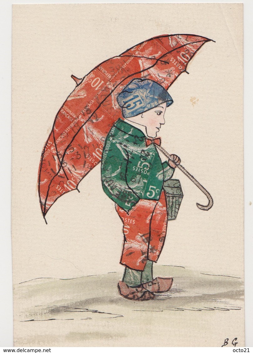 Cpa Fantaisie Avec Découpis De Timbres ( Semeuse).Garçon Sous Un Parapluie - Briefmarken (Abbildungen)