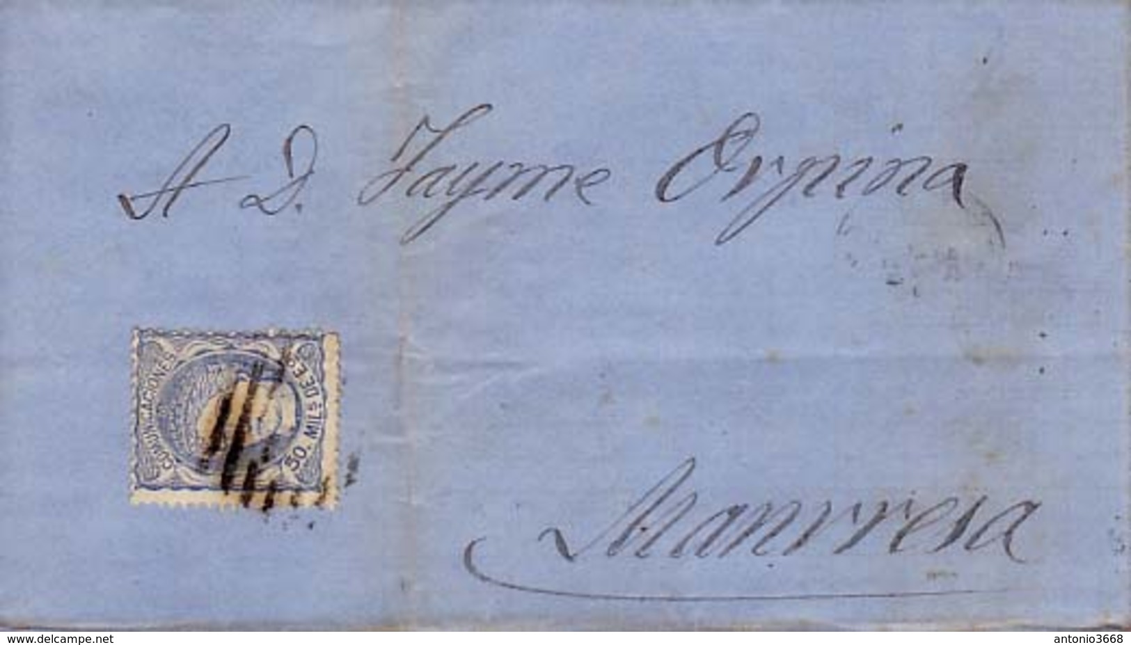 Año 1870 Edifil 107 50m Sellos Efigie Carta Matasellos Rejilla Cifra 32 Lerida Membrete De Juan Font E Hijos - Lettres & Documents