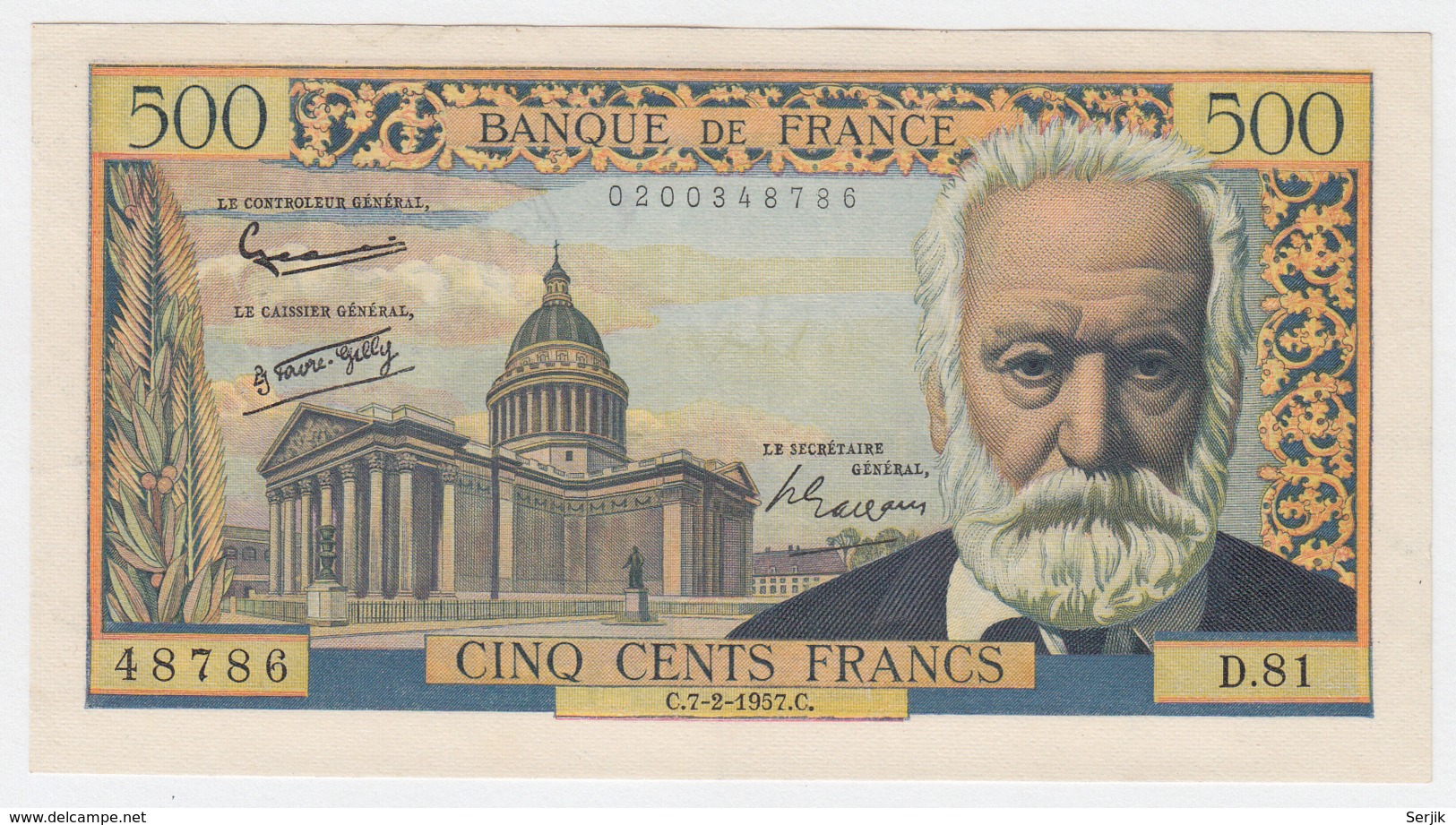 FRANCE 500 FRANCS 1957 AXF Pick 133b 133 B - 500 F 1954-1958 ''Victor Hugo''