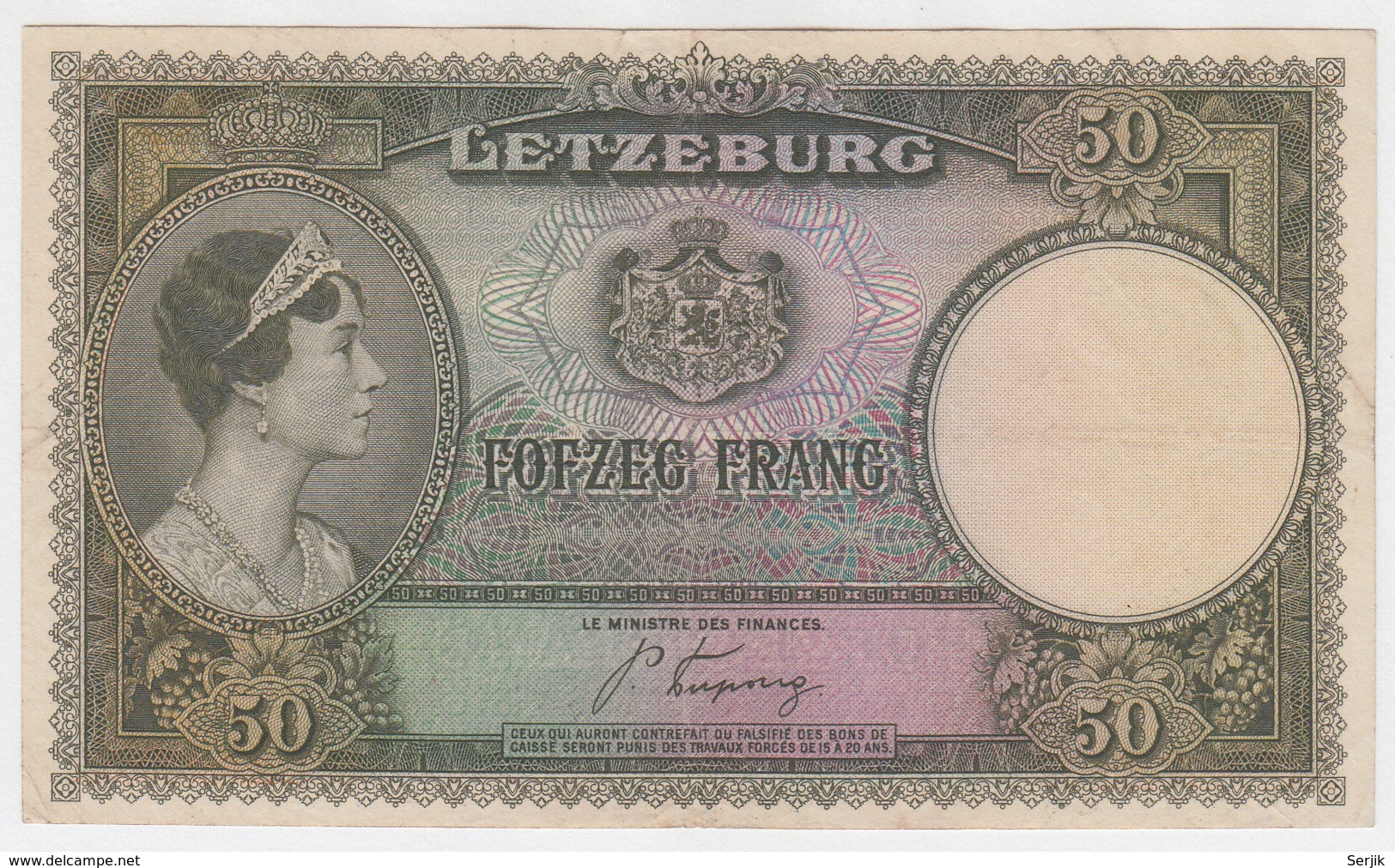 Luxembourg 50 Francs 1944 VF RARE Pick 45 - Luxemburg