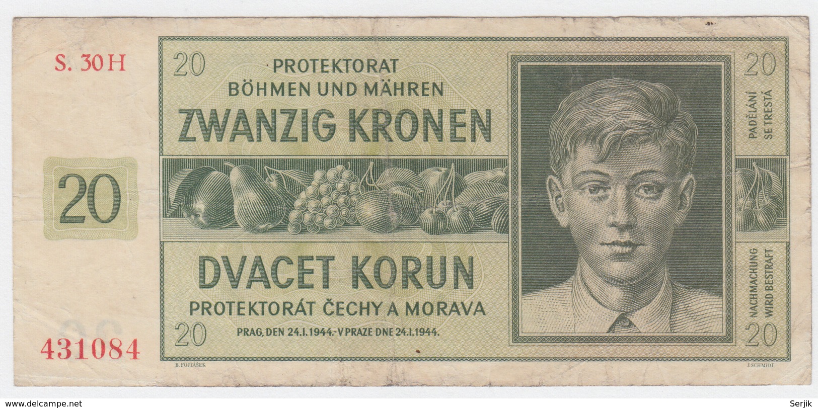 Bohemia & Moravia 20 Korun 1944 VF Banknote Pick 9 - Segunda Guerra Mundial