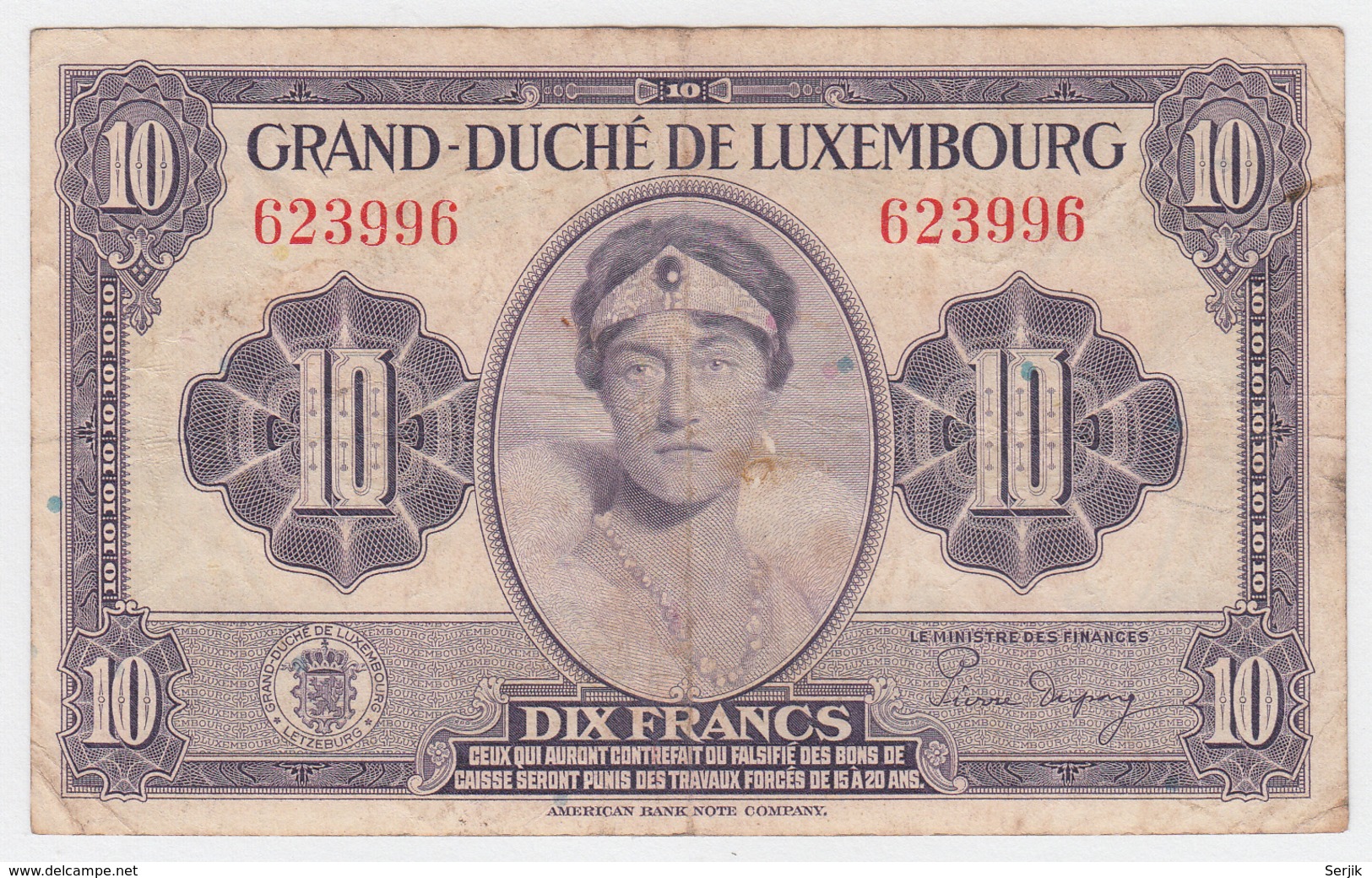 LUXEMBOURG 10 FRANCS 1944 VF Pick 44 - Luxemburg