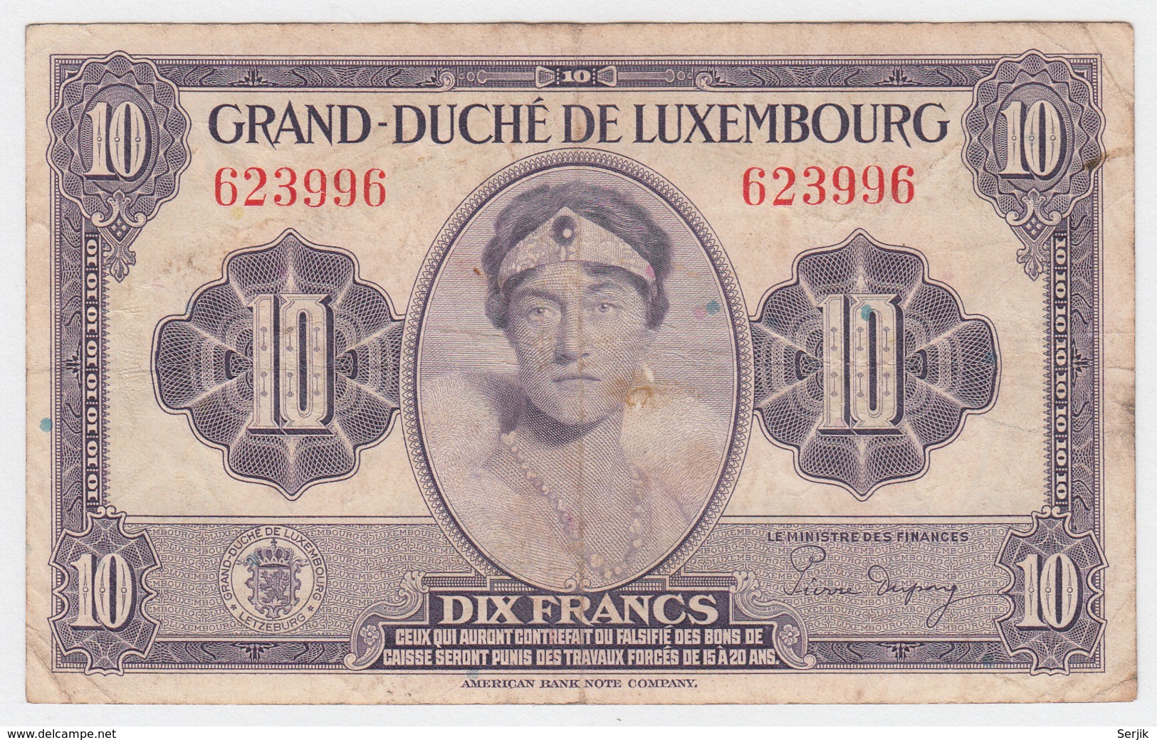 LUXEMBOURG 10 FRANCS 1944 VF Pick 44 - Luxembourg