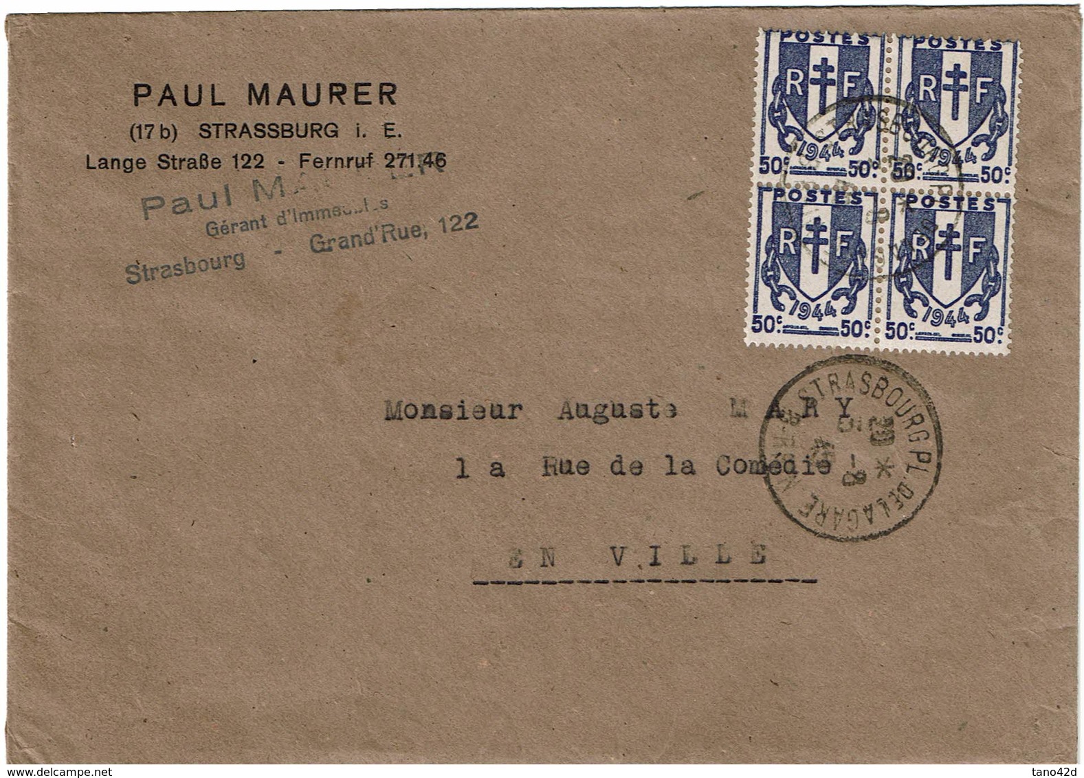 LCTN59/ALS 2 -  LETTRE  STRASBOURG POUR VILLE 3/8/1945 - Covers & Documents