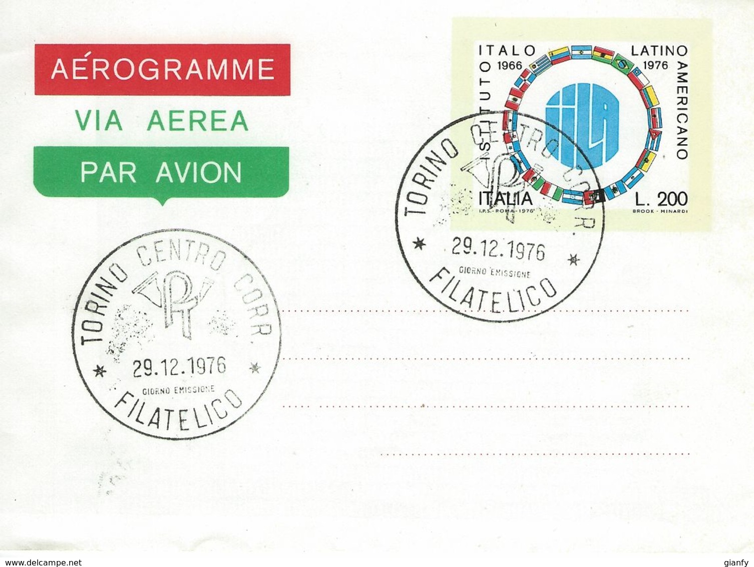 1976 AEROGRAMMA 200 LIRE ISTITUTO ITALO LATINO AMERICANO ANNULLO FDC TORINO - Interi Postali
