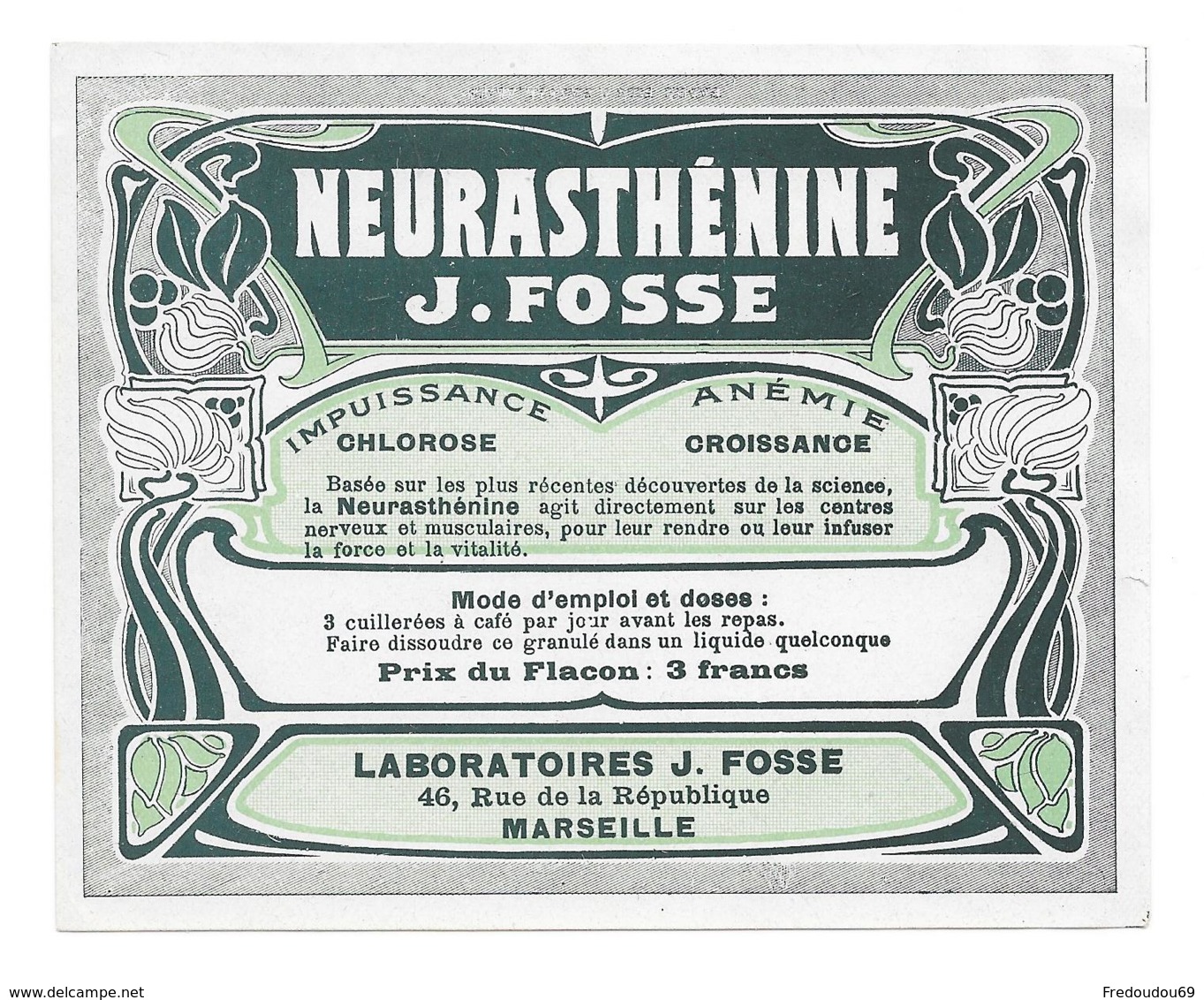 Etiquette Pharmacie - Neurasthénine J.Fosse - Autres & Non Classés