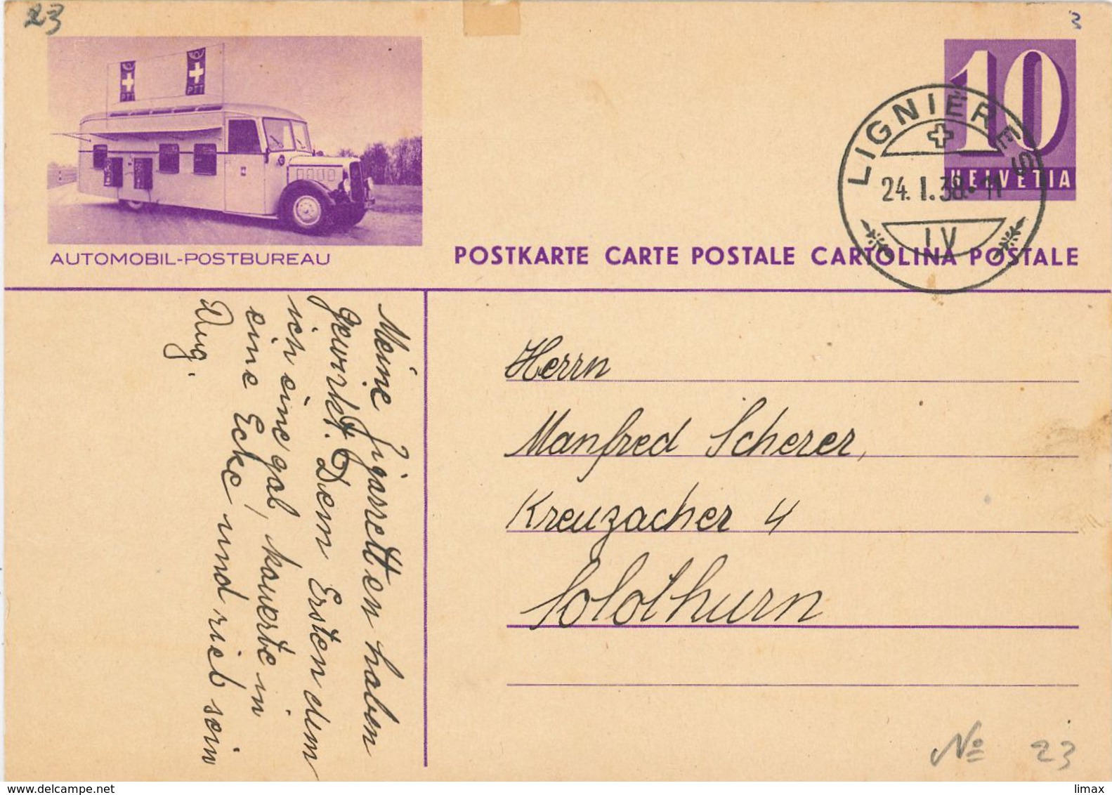 Bildpostkarte Ganzsache Automobil-Postbureau - Lignieres 1938 - Interi Postali