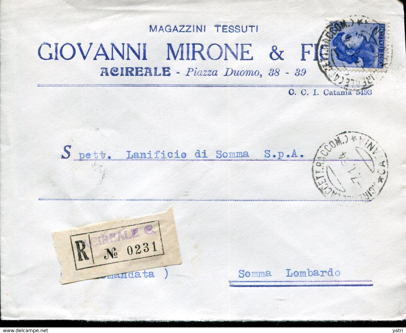 Italia (1964) - Raccomandata Da Acireale (CT) - 1961-70: Marcophilia