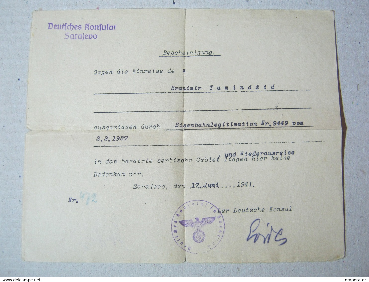 Deutsches Konsulat Sarajevo, 1941. ( WW2 ) - Signatur Der Deutsche Konsul - 1939-45