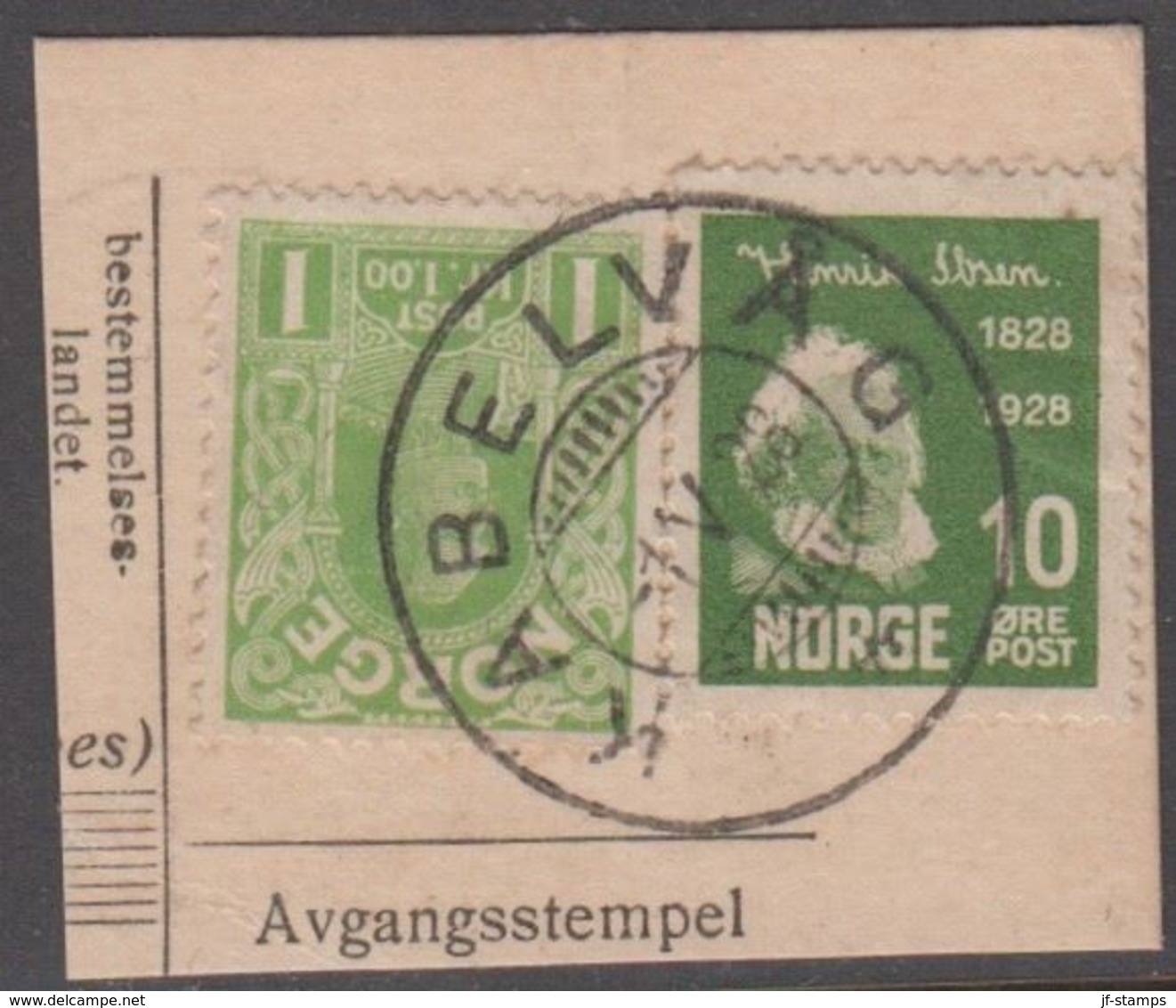 1928. Henrik Ibsen. 10 øre Green. LUXUS KABELVÅG -1.V.28. (Michel 137) - JF318208 - Gebraucht