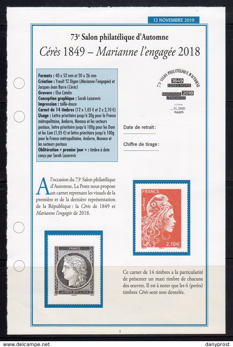 FR 2019 / 2 FICHES INFO  " Le Carnet CERES 1849-MARIANNE L'ENGAGEE 2018 " - Other & Unclassified