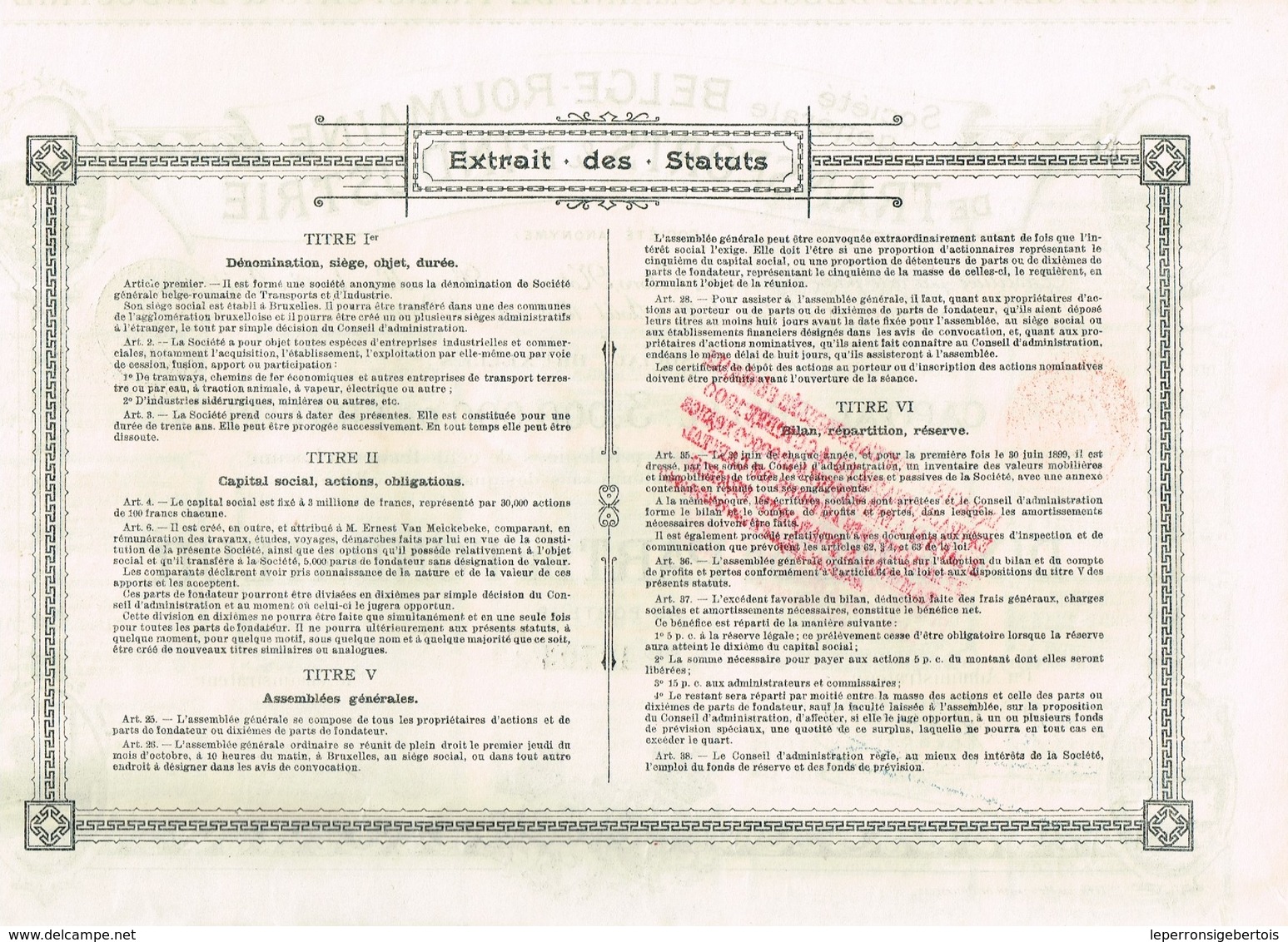 Titre Ancien - Société Générale Belge-Roumaine De Transports & D'Industrie - Société Anonyme -Titre De 1898 -  Déco - Transportmiddelen