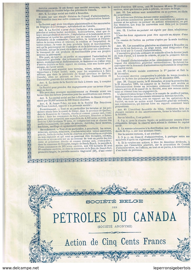 Titre Ancien - Société Belge Des Pétroles Du Canada - Société Anonyme -Titre De 1894 - - Aardolie