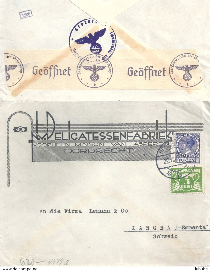 Zensur Brief  "Delicatessen Fabriek Van Asperen, Dordrecht"          1940 - Brieven En Documenten