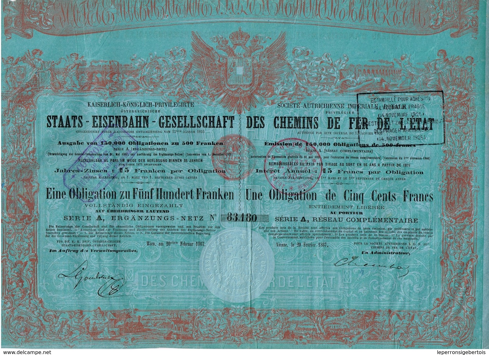 Titre Ancien - Société Autrichienne Impériale Royale Des Chemins De Fer De L'Etat - Obligation  De 1867 - - Chemin De Fer & Tramway