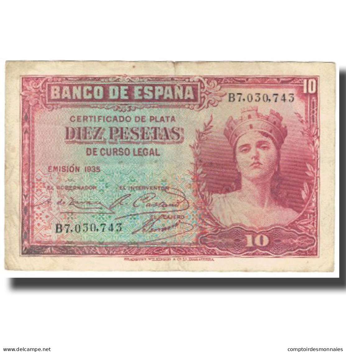 Billet, Espagne, 10 Pesetas, 1935, KM:86s, TB+ - 10 Pesetas