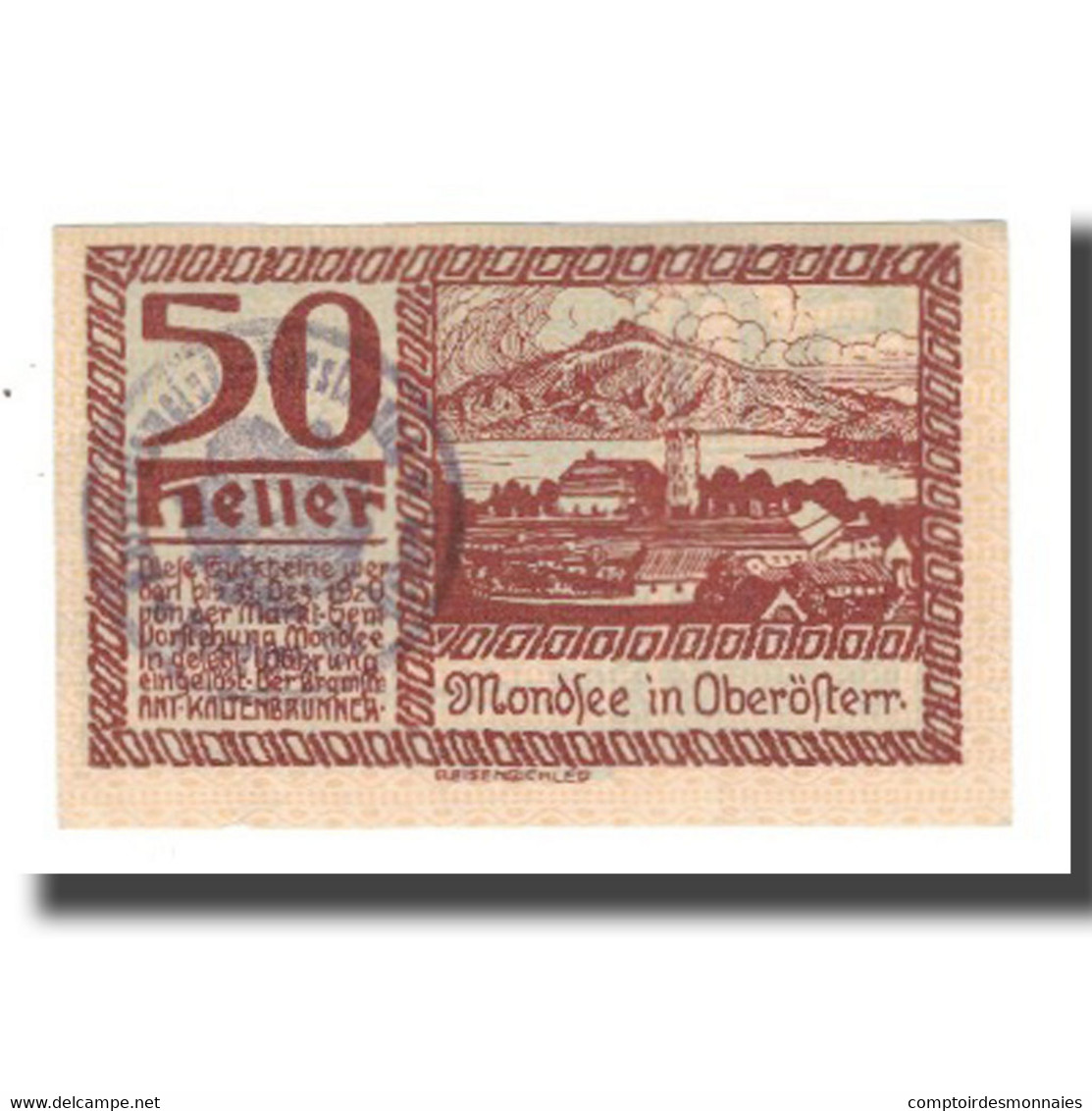 Billet, Autriche, Mondsee O.Ö. Marktgemeinde, 50 Heller, Personnage, 1920 - Austria