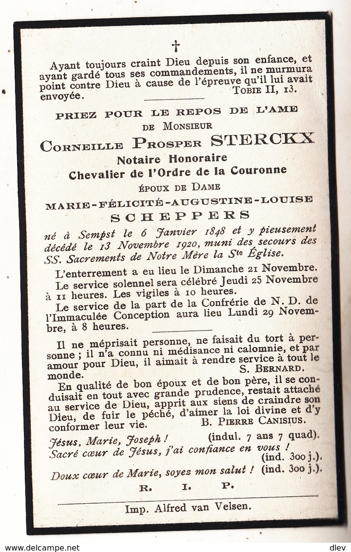 Image Mortuaire - Corneille Prosper Sterckx - Notaire - Chevalier De L' Ordre De La Couronne - Né Sempst 1848 - Devotion Images