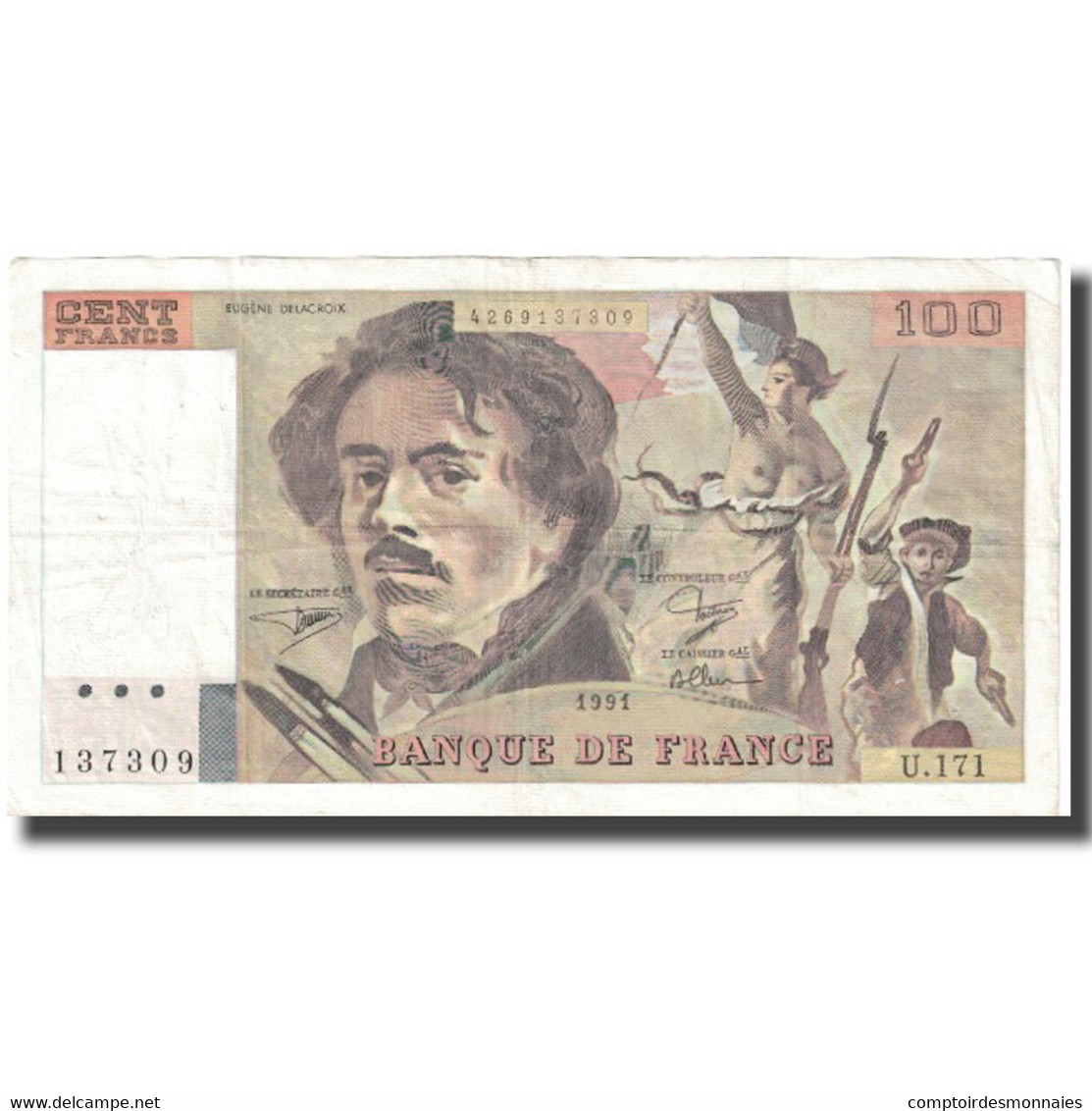 France, 100 Francs, Delacroix, 1991, 1991, TB+, Fayette:69bis.3a3, KM:154e - 100 F 1978-1995 ''Delacroix''