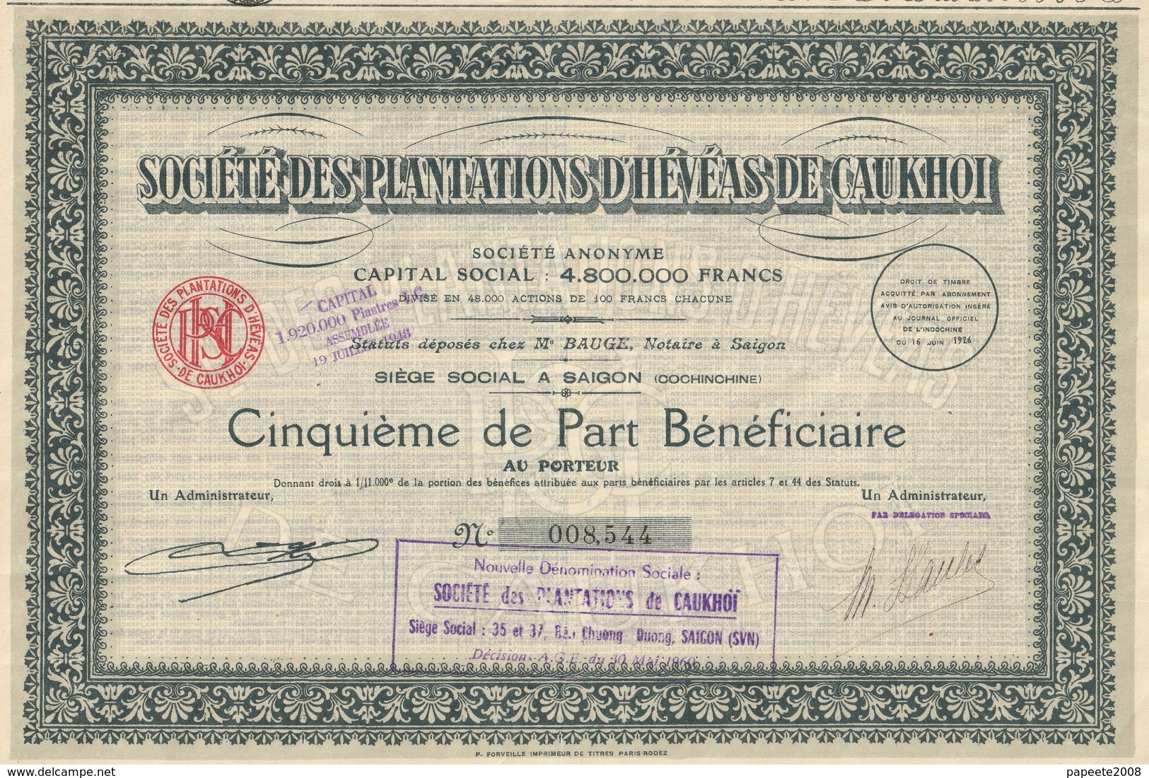 Indochine - Sté Des Plantations D'hévéas De Caukhoi - Cinquième De Part Bénéficiaire / 1926 - Asia