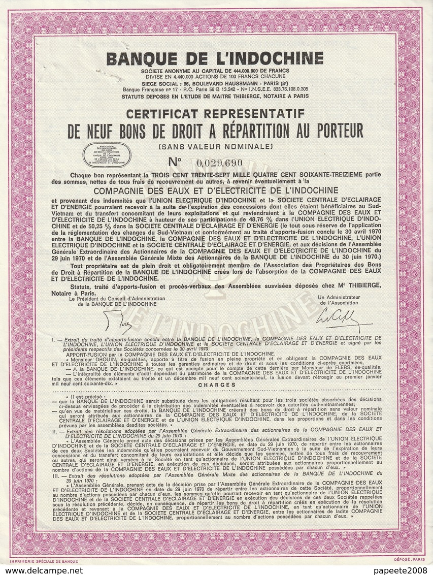 Indochine - Cie Des Eaux Et D'électricité De L'Indochine - Certificat De 9 Bons - Asia