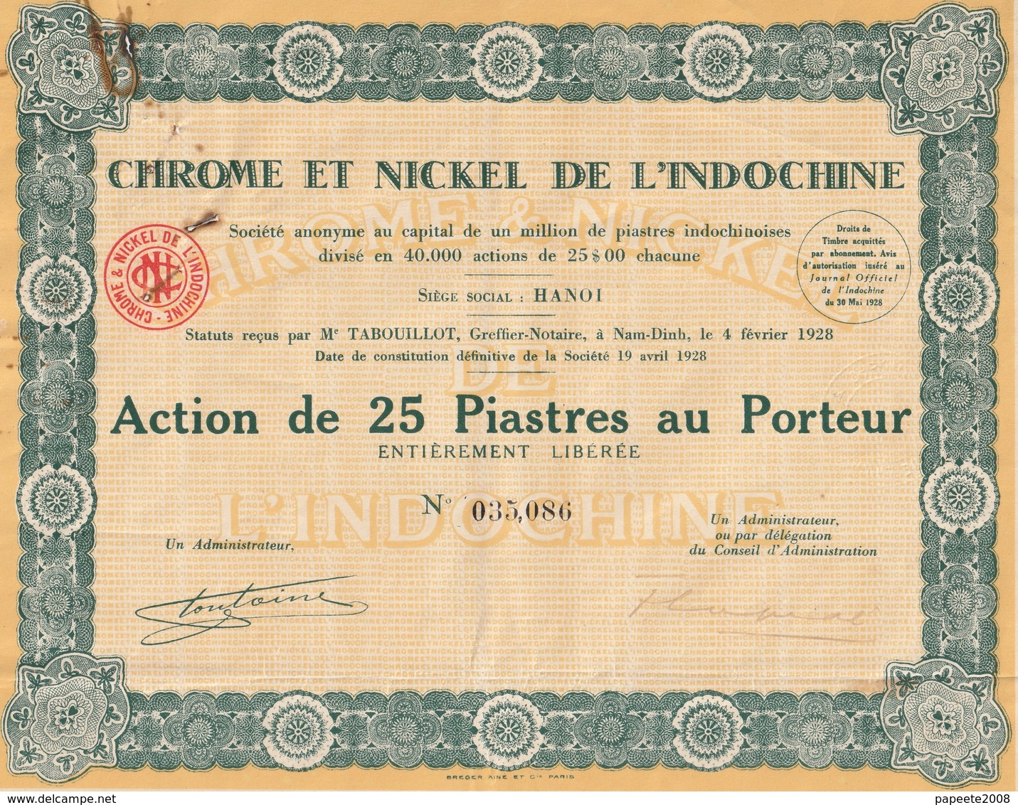 Indochine - Chrome Et Nickel De L'Indochine - Action De 25 Piastres / 1928 - Asien