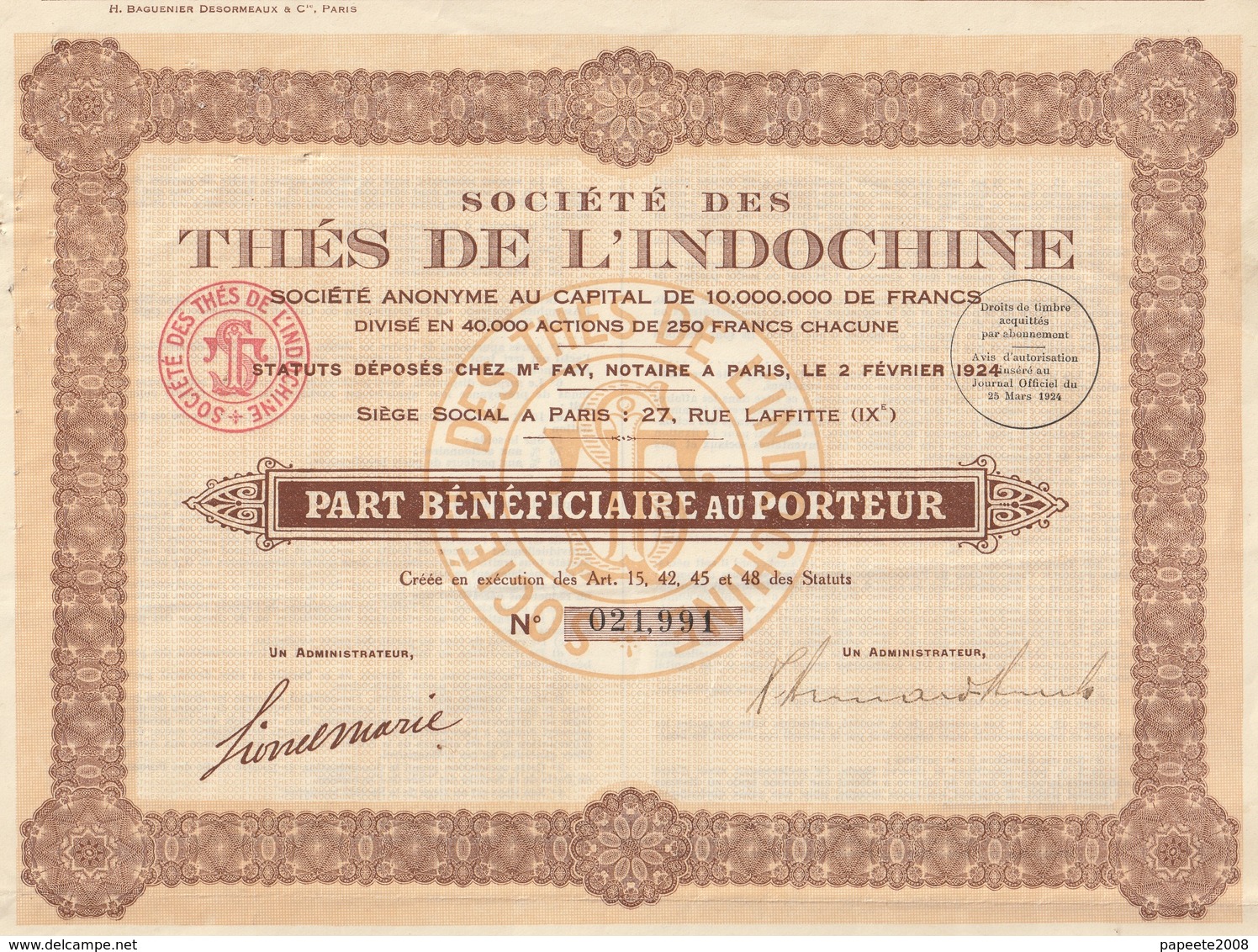 Indochine - Sté Des Thés De L'Indochine - Part Bénéficiaire / 1924 - Asia