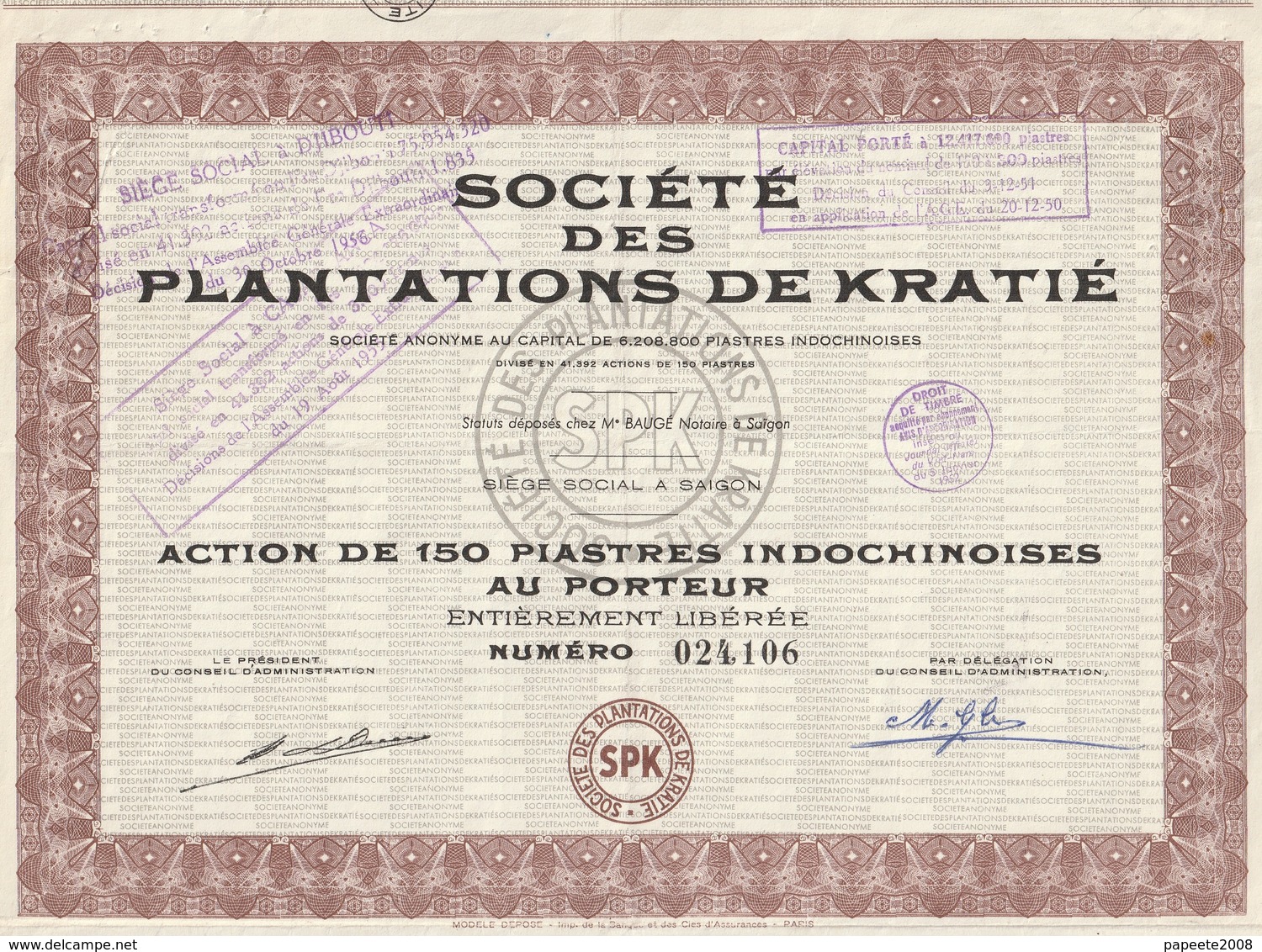 Indochine - Sté Des Plantations De Kratié - Actions De 150 PI - Asien