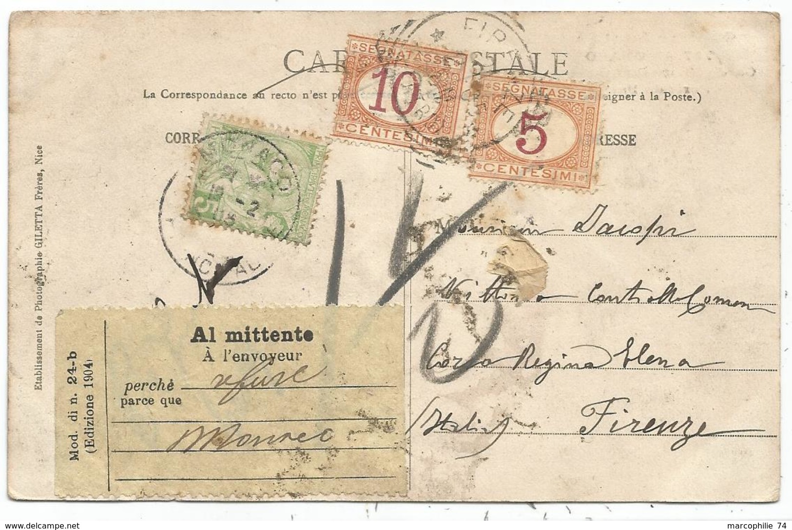 MONACO 5C SEUL CARTE MONACO 1903 POUR ITALIE TAXE + ETIQUETTE RETOUR - Lettres & Documents