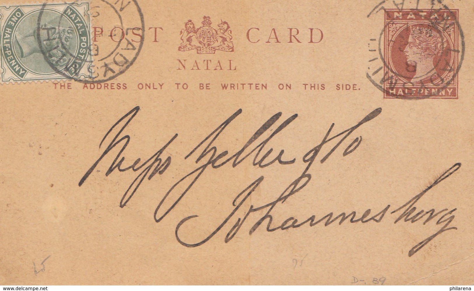 Natal: 1891: Post Card To Johannesburg - Autres & Non Classés