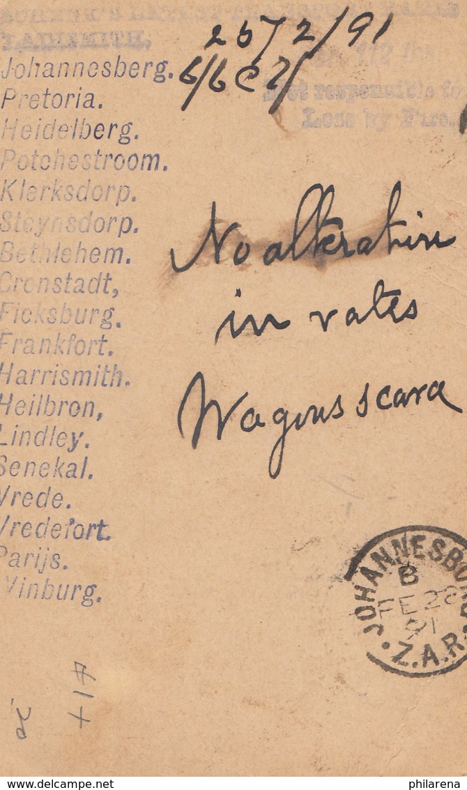 Natal: 1891: Post Card To Johannesburg - Sonstige & Ohne Zuordnung