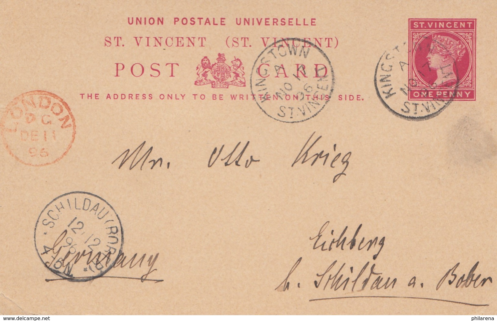 St. Vincent: 1896 Post Card Kingstown Via London To Schildau/Germany - Grenade (1974-...)