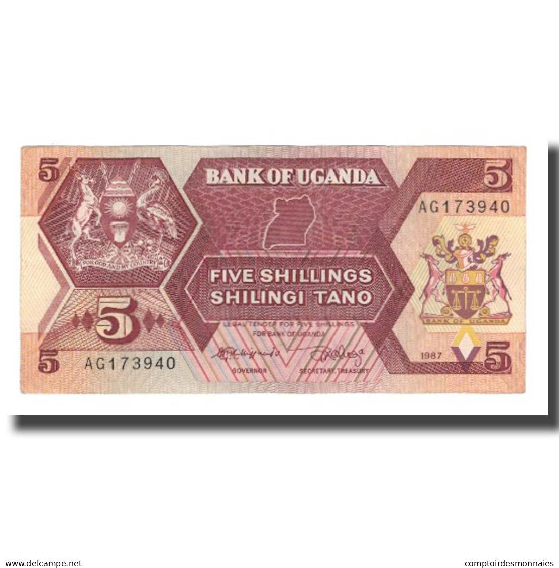 Billet, Uganda, 5 Shillings, 1987, KM:15, SUP - Oeganda