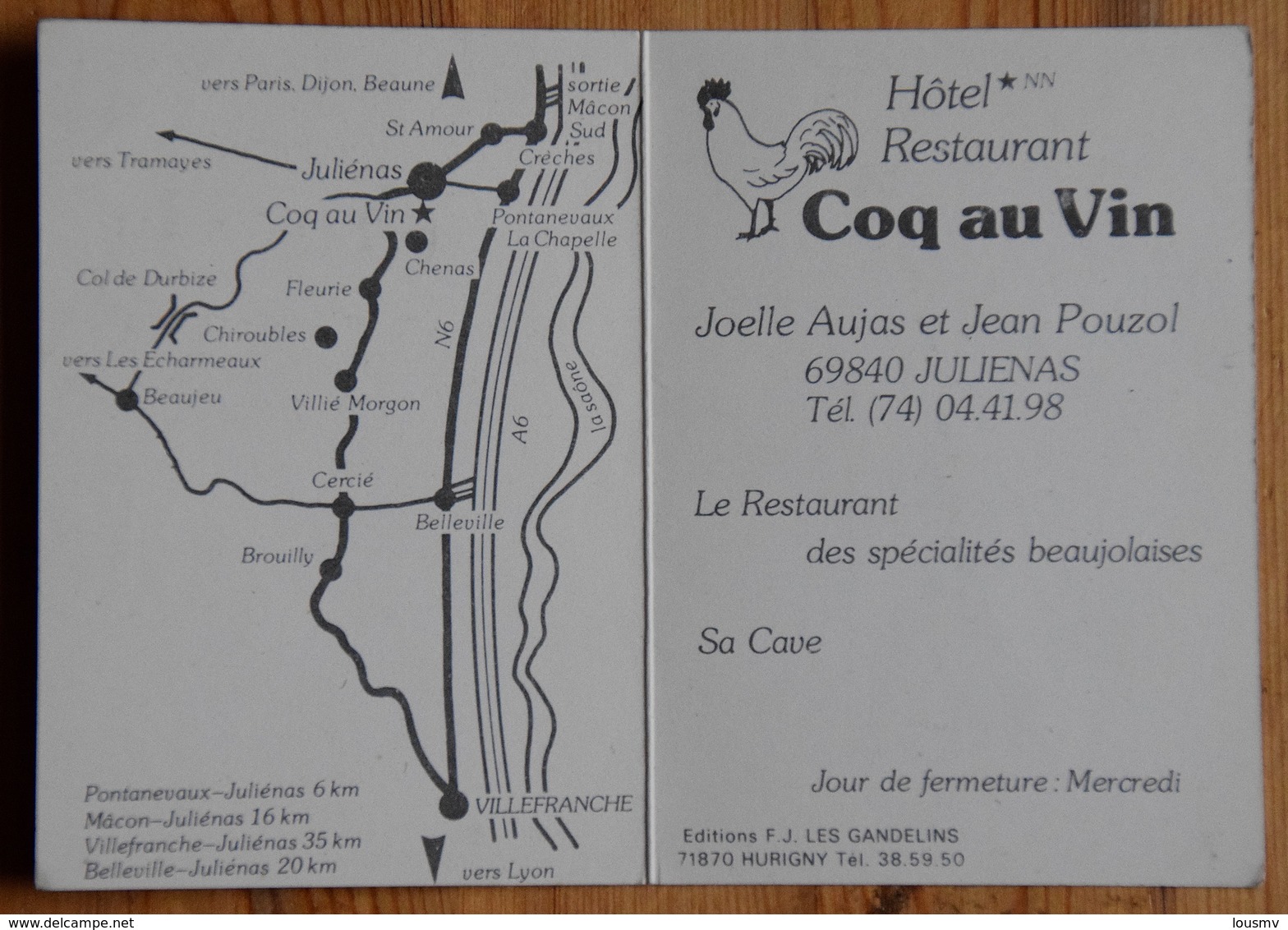 Juliénas (69) - Hotel Restaurant " Coq Au Vin" - Carte Double Publicitaire - (n°16786) - Publicités