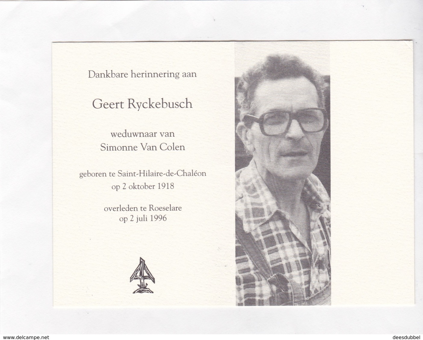 OUD OOSTFRONT SOLDAAT G.RYCKEBUSCH +Roeselare 1996 (collabratie -   AVV-VVK) - Andachtsbilder