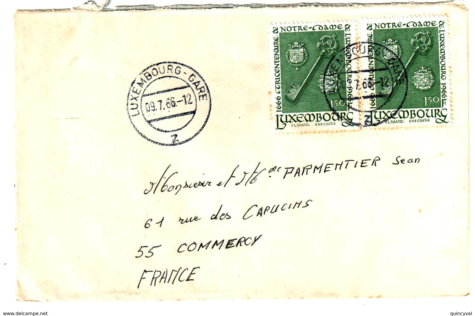 LUXEMBOURG GARE Lettre Destination France Commercy Meuse 1,50 F Vert Clef Tricentenaire Notre Dame Yv 680 Ob 9 7 1966 - Covers & Documents