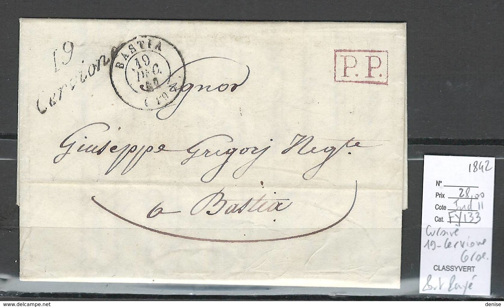 France - Lettre De CERVIONE - Corse - Cursive - Taxée 2 Centimes Au Verso - Lettre Locale -1842 - 1801-1848: Précurseurs XIX