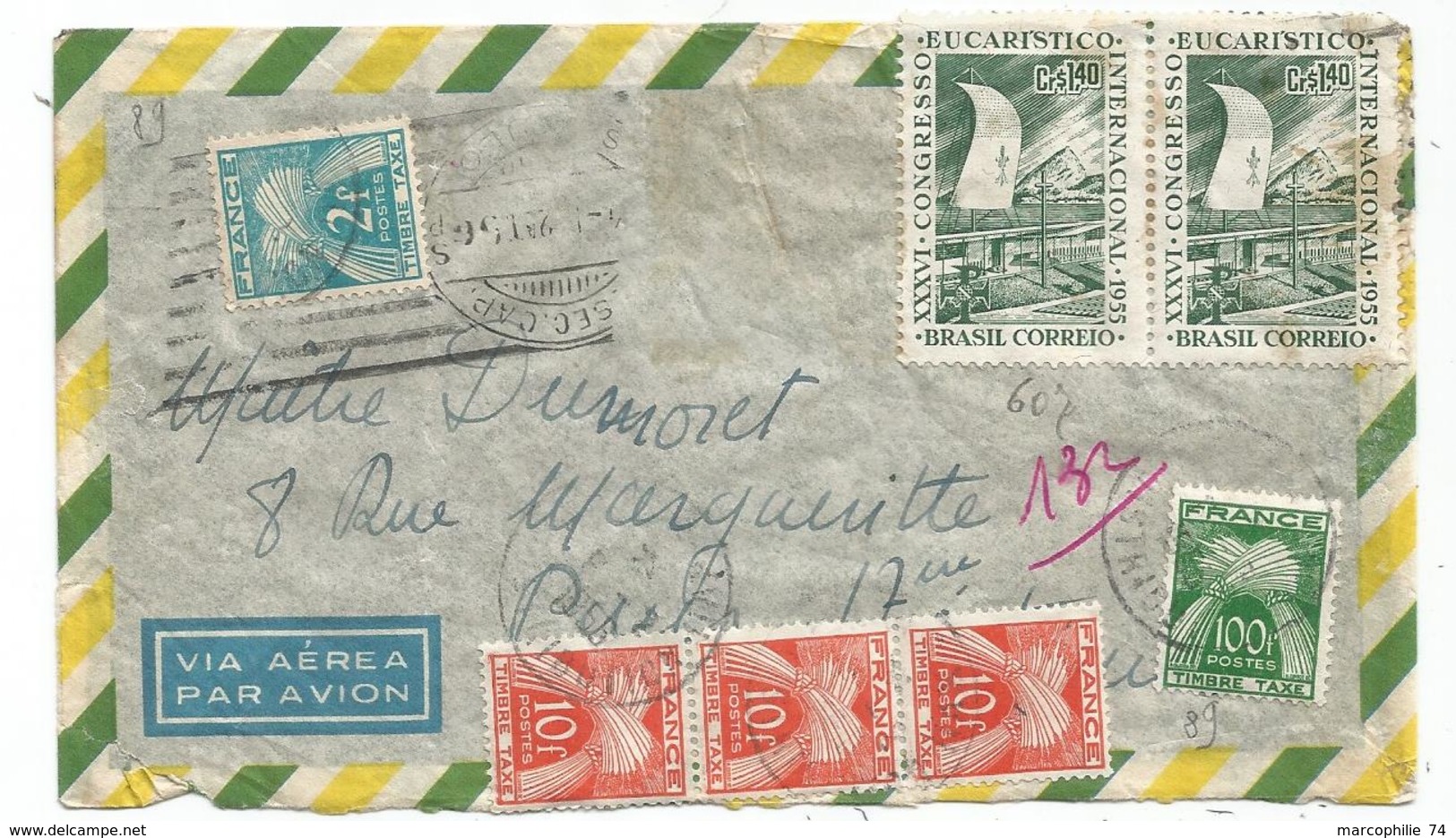 TAXE 100FR+10X3+2FR PARIS 1956 LETTRE AVION BRASIL - 1859-1959 Lettres & Documents