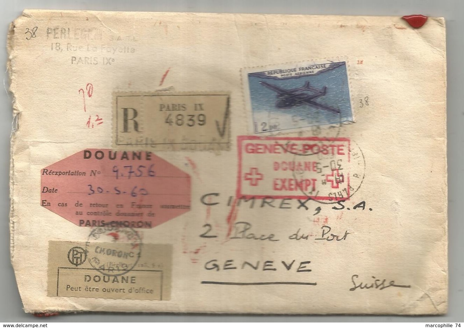 PA N°38 SEUL LETTRE CHARGE REC PARIS 1960 POUR SUISSE + ETIQUETTE DOUANE - 1961-....