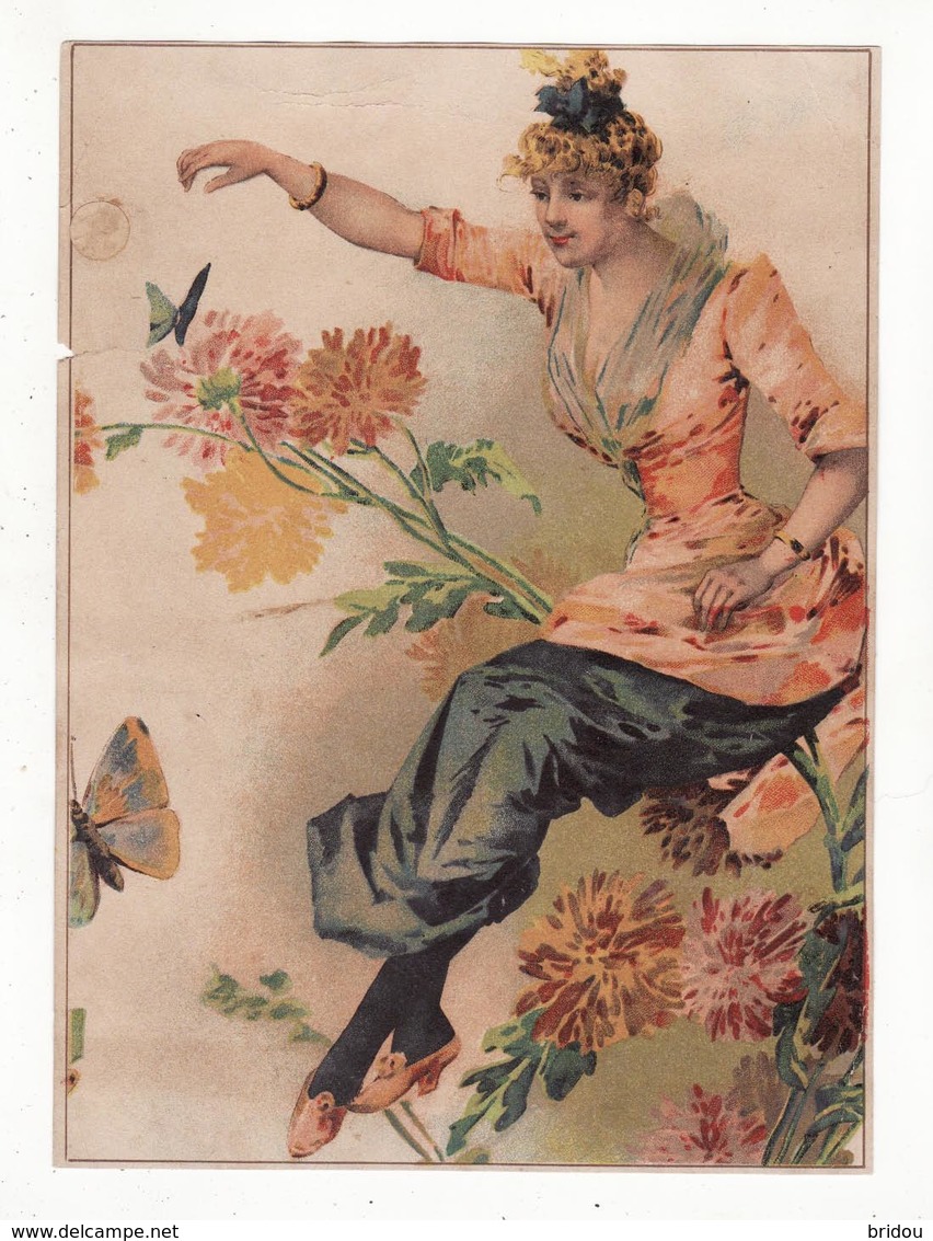 Chromo Sans Pub   Femme, Papillon Et Fleurs    Grand Format    22.4 X 16.3 Cm - Autres & Non Classés