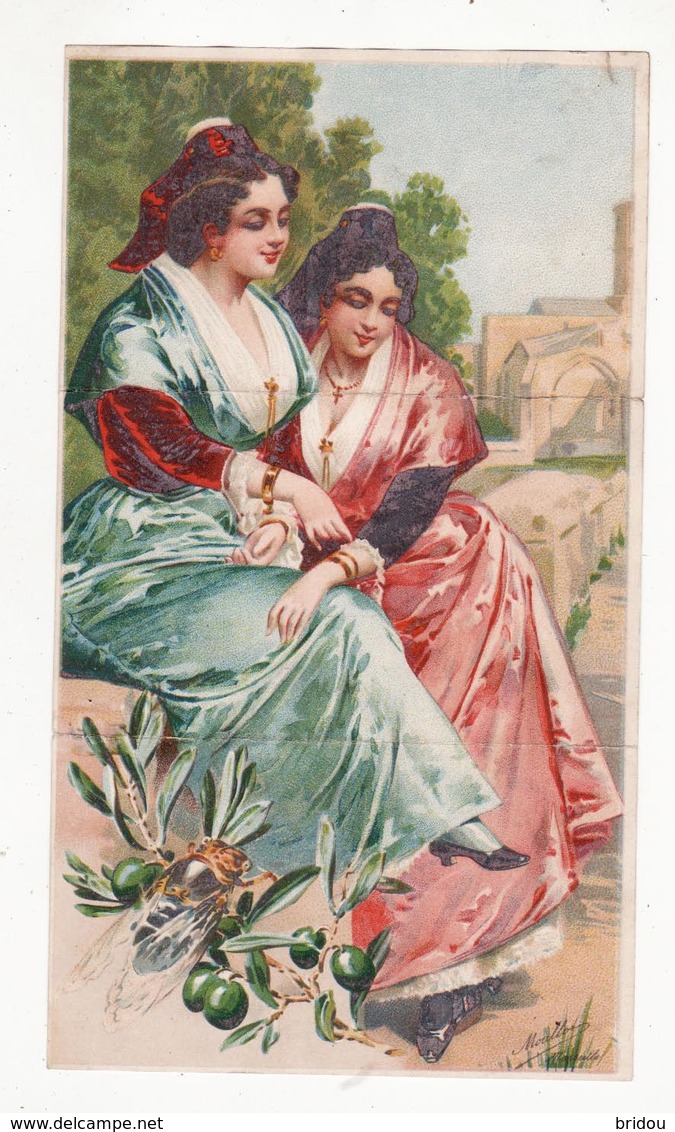 Chromo HUILERIE FABRE  à Salon    Femmes Et Olives    Avec Calendrier De 1900 Au Dos    Grand Format    22.8 X 13.1 Cm - Altri & Non Classificati