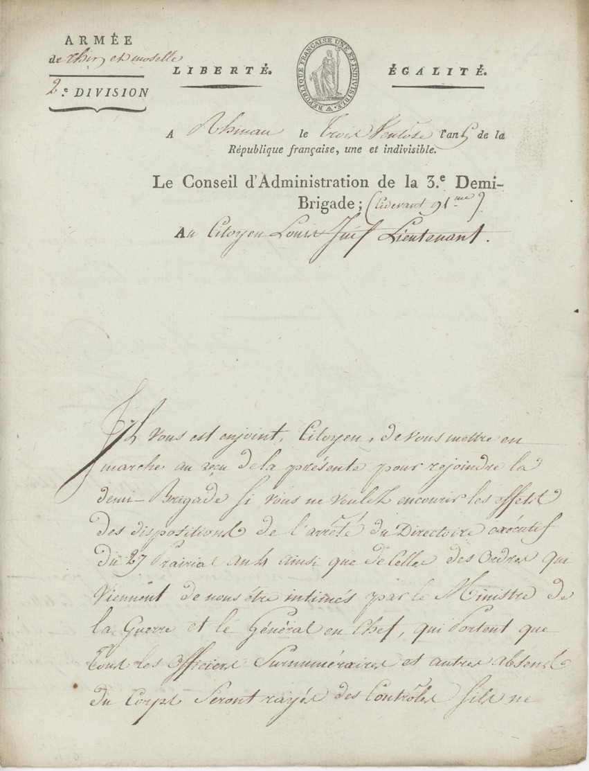 Héraldique Rhinau An 5 - 21.2.1797 Armée Du Rhin Et Moselle Le Conseil D'Administration De La 3e Demi-Brigade - Documenti Storici