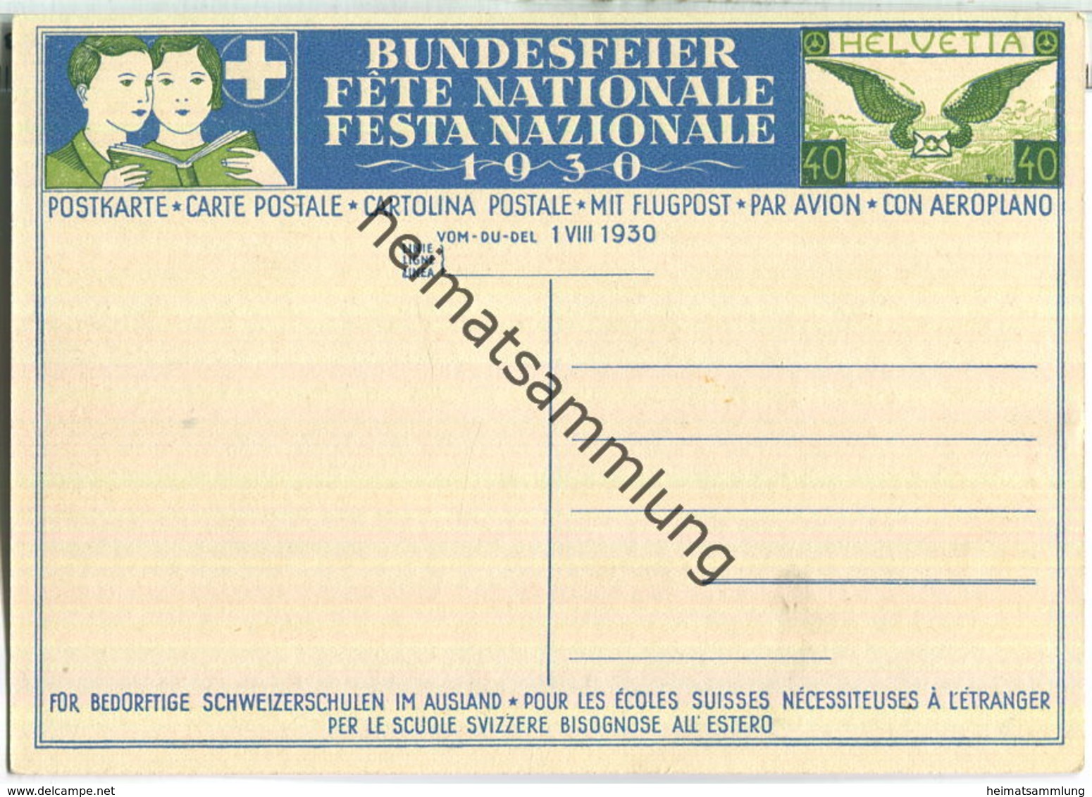 Bundesfeier-Postkarte 1930 - 40 Cts - MP. Verneuil Augustfeuer - Zugunsten Bedürftiger Schweizerschulen Im Ausland - Interi Postali