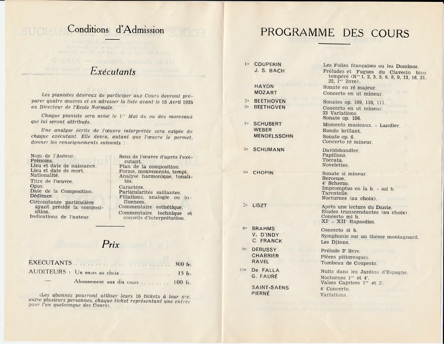 FRANCE - 1935 - Orléans - Programme Des Cours Dispensés Par L'Ecole Normale De Musique - Non Classés