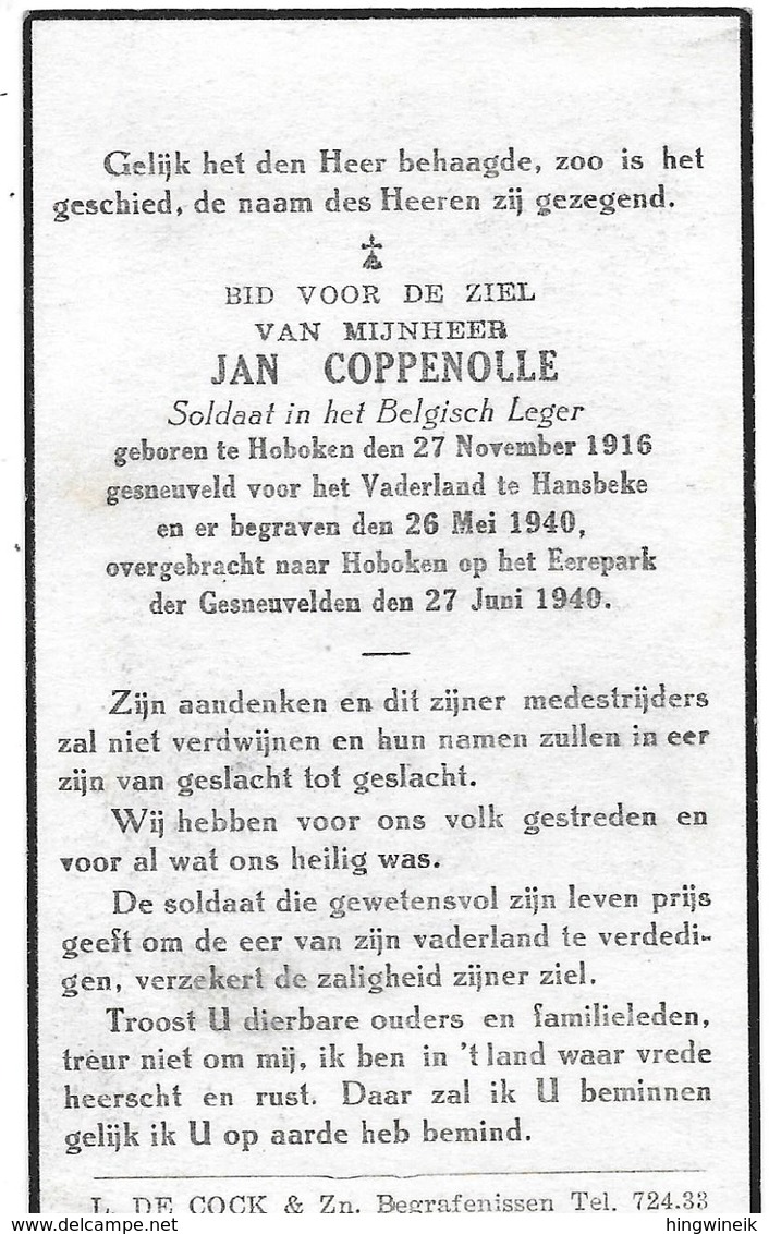 Coppenolle Jan (gesneuveld (hoboken 1916 -hansbeke 1940) - Religión & Esoterismo