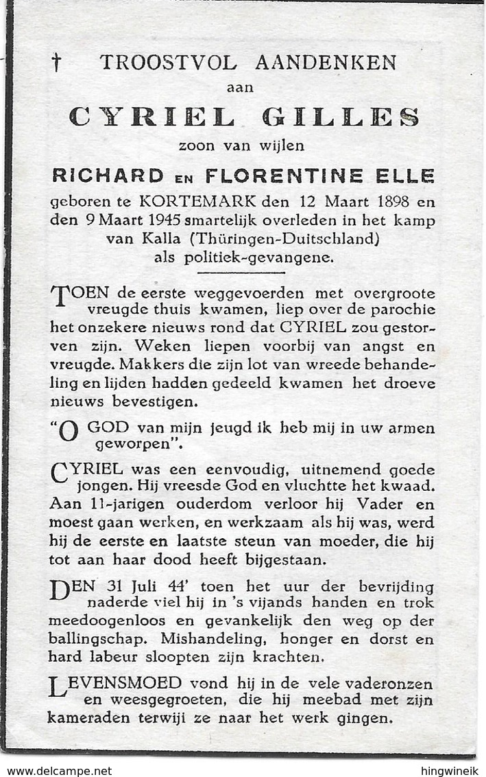 Gilles Cyriel ( Politiek Gevangene Kortemark 1898 - Kalla 1945) - Godsdienst & Esoterisme